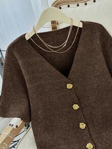 Modelyn Plus Size Solid Color V-Neck Button Front Casual Short Sleeve Sweater Fall - Coffee Brown - View 5