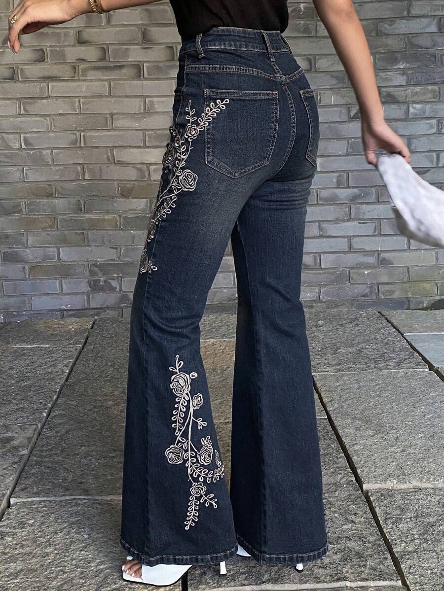DAZY Jeans évasés avec broderie florale pour femmes, pantalon en jean élégant - Jean bleu - Voir 1