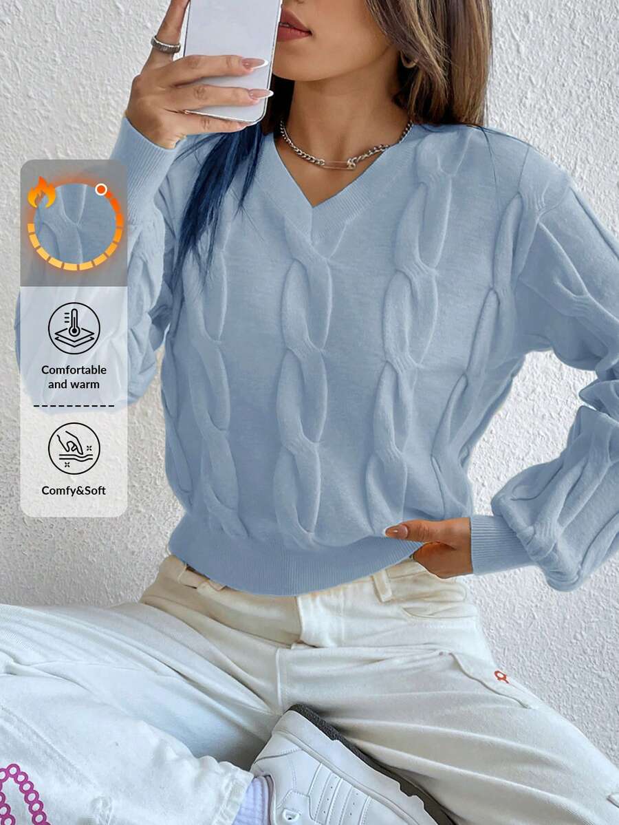Cloudara Solid Cable Knit V Neck Sweater - Dusty Blue - View 1
