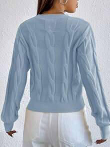 Cloudara Solid Cable Knit V Neck Sweater - Dusty Blue - View 4