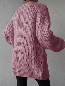 SHEIN Solid Color Pocket Long Sleeve Cardigan - Dusty Pink - View 2