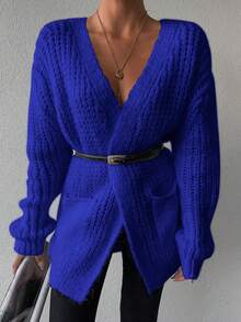 EURMUSE Solid Color Pocket Loose Comfortable Cardigan - Navy Blue - View 3