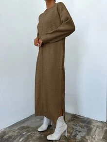 EURMUSE Solid Drop Shoulder Sweater Dress - Camel - View 4