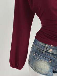 Elamini 黑色串珠装饰露肩长袖宽松上衣，优雅简约的设计，适合工作、休闲、派对，适合秋冬季 - 酒紅色 - 查看 6