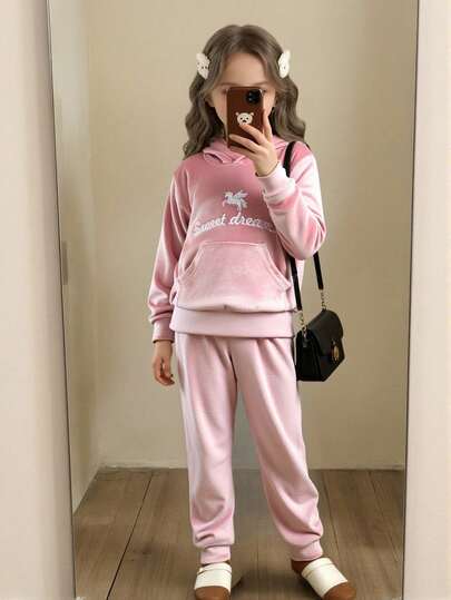 Elladie kids 2 件套年轻女孩秋季新款天鹅绒连帽衫和休闲运动裤套装，刺绣，时尚，百搭
