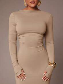 Silquee 女式基本款吊带裙，性感露背，腰部褶饰，亲肤，长袖，及地长裙 - 卡其色 - 查看 9