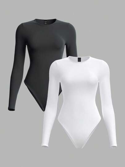 SHEIN BASICS 2pcs/Set Casual Solid Color Knit Crew Neck Long Sleeve Bodysuit For Women/Spring