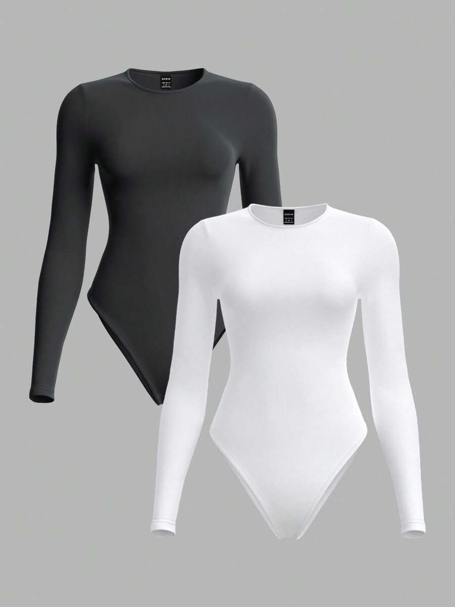 SHEIN BASICS 2pcs/Set Casual Solid Color Knit Crew Neck Long Sleeve Bodysuit For Women/Spring Summer Clothes