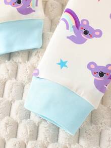 Set pigiama aderente per bambine/ragazze, base crema con stampa di orsetti arcobaleno viola, top a maniche lunghe e pantaloni abbinati, polsini e colletto a costine colorati, adatto per autunno/inverno - Multicolore - Visualizzare 4