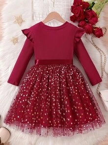 SHEIN Glamorique Kids Young Girl' Long Sleeve Knitted Tulle Star Mesh Princess Dress,,Christmas Cos - Red - View 2