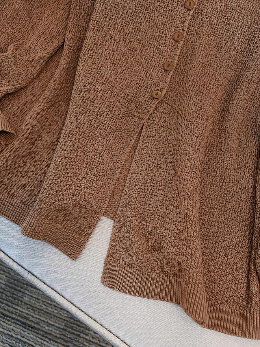 GlowEve CURVE 大码休闲纯色V领纽扣长袖开衫 - 灰色 - 查看 1