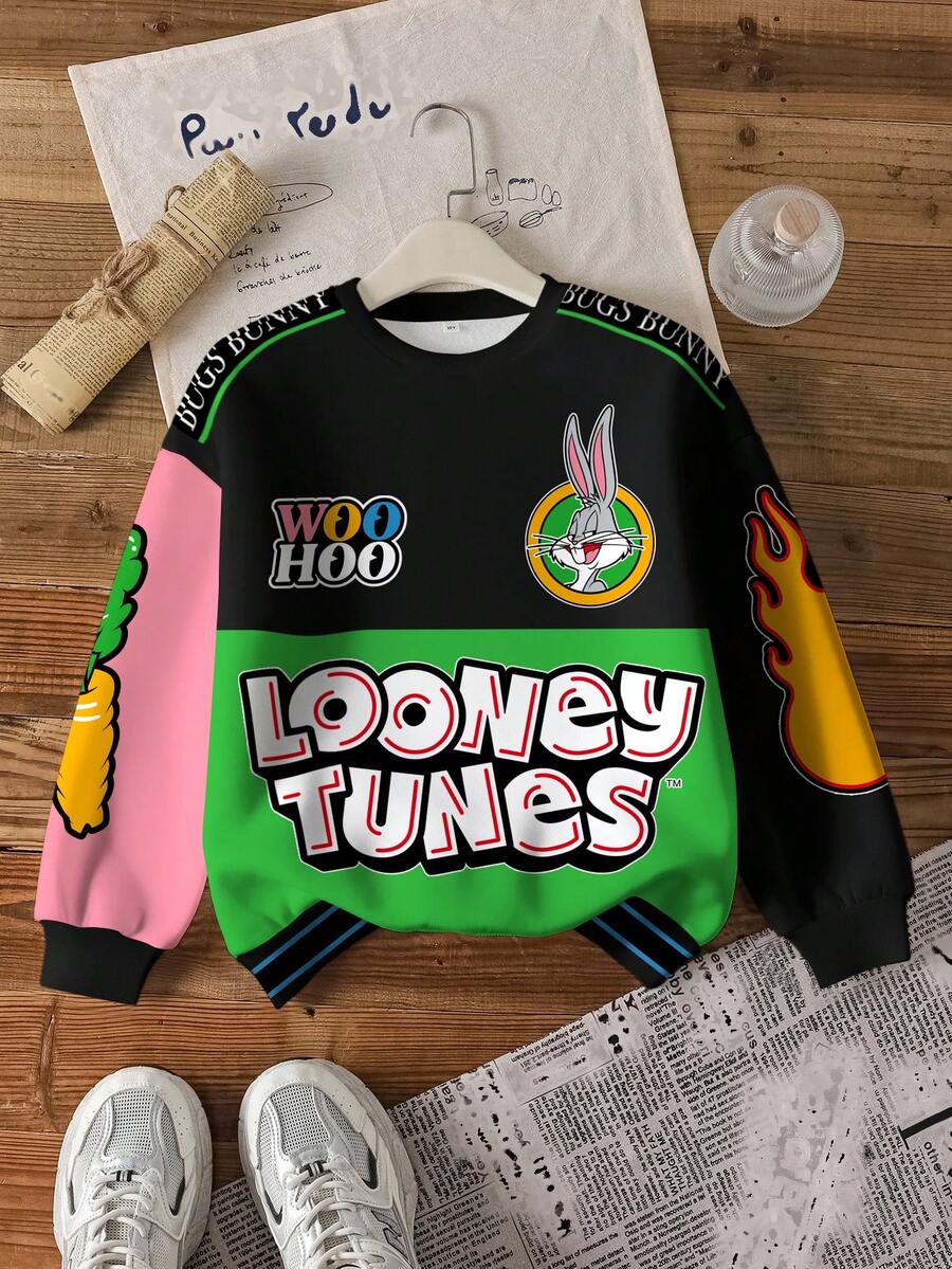 LOONEY TUNES X SHEIN 青少年男孩休闲拼色兔子和字母印花圆领运动衫,秋季 - 白色 - 查看 1