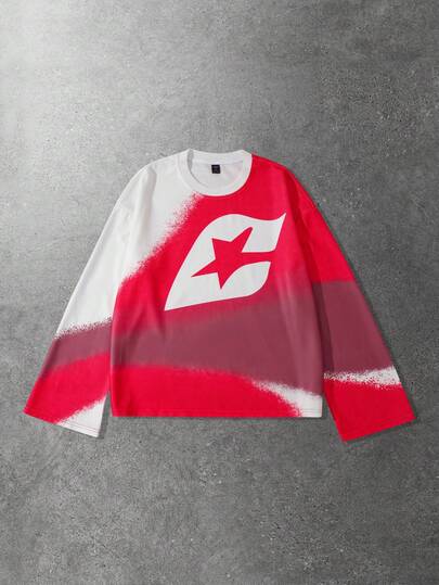 Men's Pentagram Print Loose Fit Crew Neck Long Sleeve T-Shirt