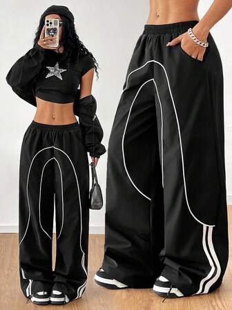 SHEIN x Ludmilla Coolane Girls Back To School Athleisure Woven Tape Black Wide Leg Sweatpants Joggers