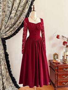 Vintamour 大码复古优雅女士连衣裙，带口袋，蕾丝紧身胸衣，心形领口，褶皱设计，适合度假派对、正式场合、夏季、长款夏季连衣裙、夏季服装、夏季度假装、春季女装、春假装、春季服装、春季连衣裙、情人节装、情人节连衣裙、情人节优雅派对连衣裙、优雅女士连衣裙 - 酒紅色 - 查看 4