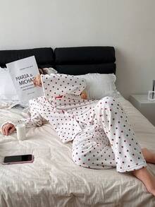 SHEIN Heart Embroidered Flannel Women Cozy Long Sleeve Top & Pants Fluffy Pajama Set, Winter Clothes - Red - View 6