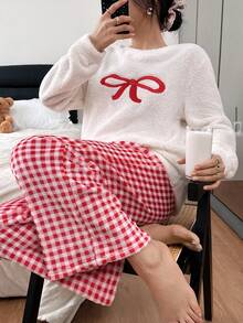 女士清新舒适长袖圆领上衣，饰有蝴蝶结刺绣，搭配格子裤睡衣套装，女士睡衣套装，蓬松冬季服装 - 彩色 - 查看 7