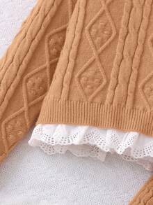 Girls' New Sweet Lace Trim Lazy Solid Color Jacquard Pullover Sweater With Casual Wide Leg Pants, Suitable For Travel, Gatherings, And Back To School - Bronze - View 6