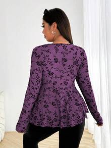 Vibekara Plus Size Women Bowknot Strap Ruched Mesh Flocked A-Line Party Occasion Top - Purple - View 2