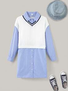 Joliand Joliand 1pc Tween Girls Elegant College Style Casual Blue And White Stripe 2 In 1 Shirt Dress,White Ribbed V-Neck Sweater Vest,Autumn School Back-To-School - Multicolor - View 1