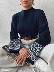 EURMUSE Femme Pull décontracté à motif géométrique avec épaules tombantes pour l'automne/l'hiver - Bleu marine - Voir 5