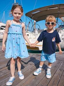 Joliand Joliand 1 pieza Vestido camiseta ajustada con volantes de color azul claro con estampado de corazón y bandera, elegante y urbano, apropiado para uso casual, diario, de viaje y playa, para niñas jóvenes