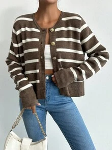 EURMUSE Women's Striped Long Sleeve Metal Button Decor Casual Cardigan, Autumn/Winter , Brown Cardigans In Women - Chocolate Brown - View 4