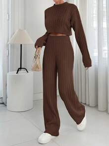 EURMUSE 2pcs Women Solid Color Stand Collar Long Sleeve Sweater Top And Long Pants Casual Knitwear Set - Brown - View 5