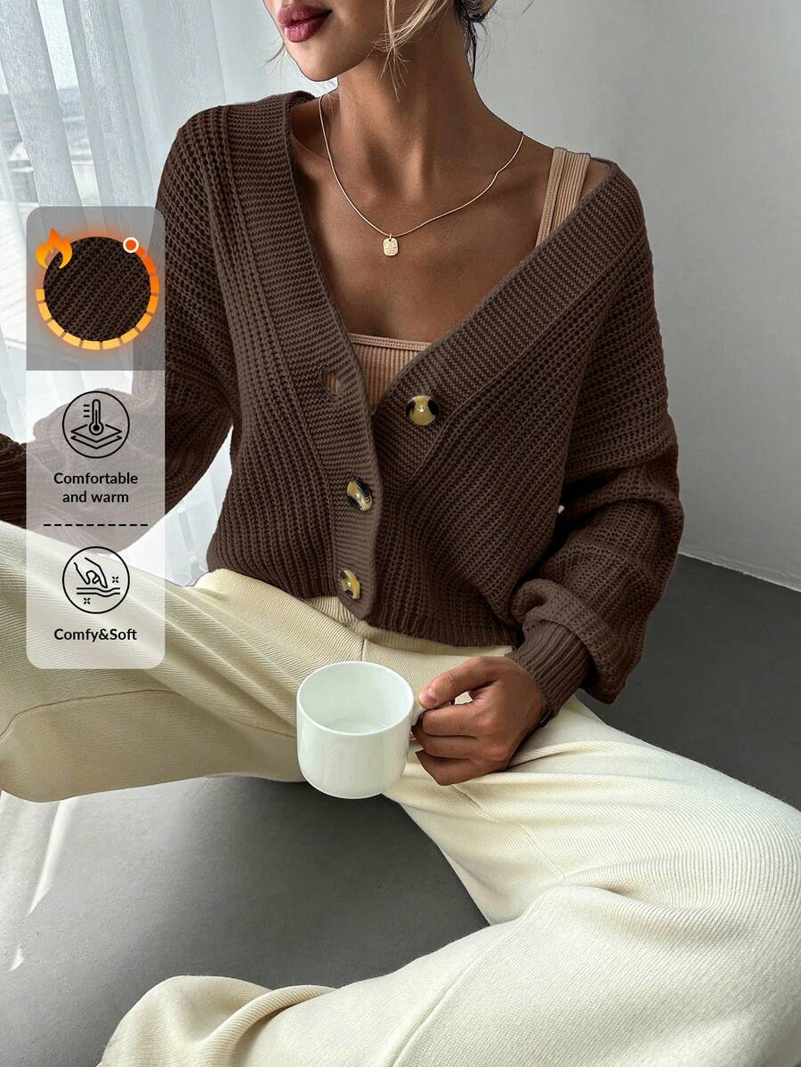 1pc Women Front Button Long Sleeve Solid Color Casual Simple Top, Daily Wear - Brown - View 1