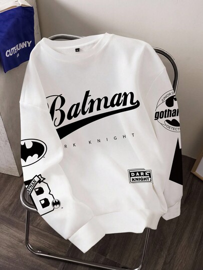 BATMAN X SHEIN Sudadera casual con cuello redondo y gráfico de letras para hombres en otoño
