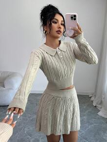 SHEIN Elenzya 女式 Polo 领半拉链纽扣短款长袖上衣搭配麻花针织百褶迷你裙两件套毛衣套装，秋冬 - 杏色 - 查看 3