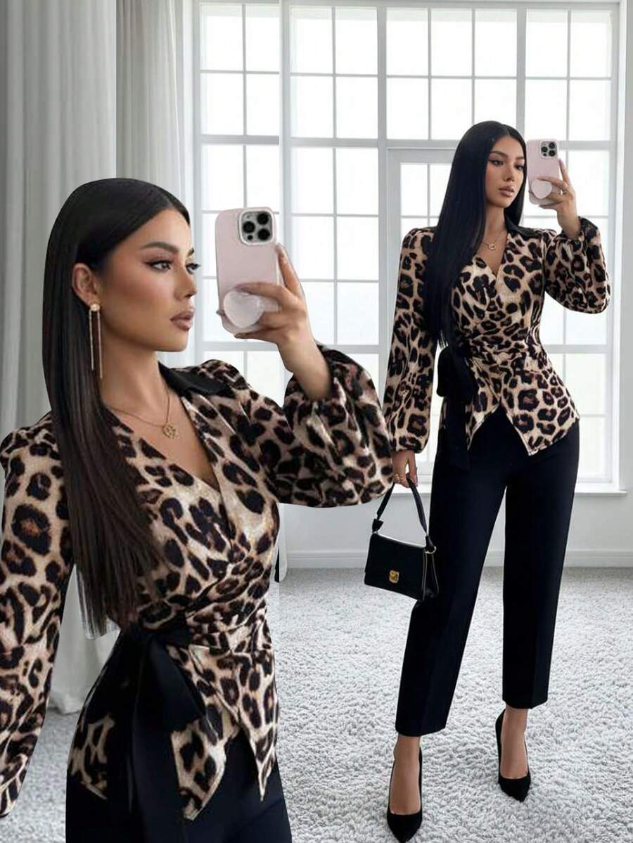 Rafferiza Chemise à manches longues élégante pour femmes avec imprimé léopard et ourlet asymétrique, automne