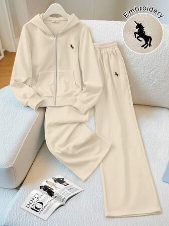 EMERY ROSE Women's Fashion Casual Solid Color Embroidered Hooded Pocket Zipper Long Sleeve Loose Sweatshirt And Embroidered High Waist Drawstring Loose Straight Sweatpants Set, Suitable For Daily, Sports And Leisure Wear