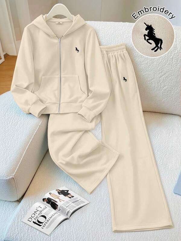 EMERY ROSE Women's Fashion Casual Solid Color Embroidered Hooded Pocket Zipper Long Sleeve Loose Sweatshirt And Embroidered High Waist Drawstring Loose Straight Sweatpants Set, Suitable For Daily, Sports And Leisure Wear