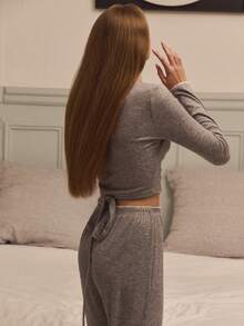 lacRébo 舒适柔软触感罗纹针织家居服睡衣套装，裹身式上衣搭配高腰阔腿裤，秋冬可爱睡衣套装 - 灰色 - 查看 5