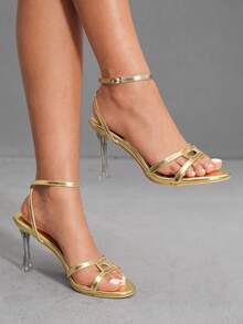 CUCCOO SZL 金色金属 PU 玻璃高跟露趾露跟时尚性感优雅高跟凉鞋 - 金色 - 查看 9