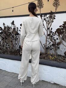 Andrea Bello Set elegant de sacou și pantaloni pentru femei, cu mânecă lungă, stil business/navetă, potrivit pentru vară, Ziua Independenței, absolvire, întoarcerea la școală - Caisă - Vizualizare 2