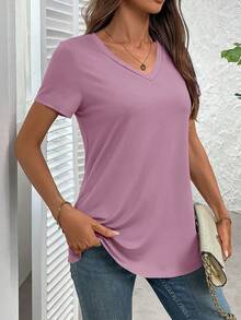 EMERY ROSE Women's Casual Daily Commute Simple Solid Color V-Neck Short Sleeve Loose T-Shirt, Summer - Mauve Purple - View 5