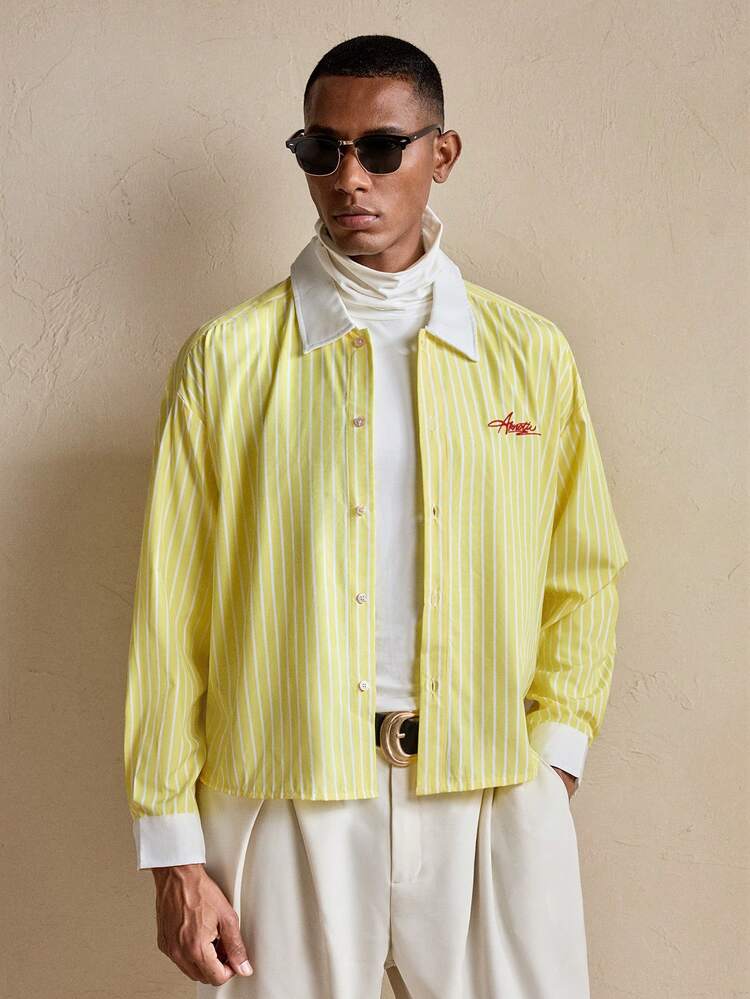 Men's Striped Letter Embroidered Single-Breasted Long Sleeve Shirt