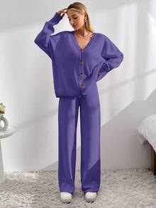 EURMUSE Drop Shoulder Cardigan & Tie Front Knit Pants - Purple - View 4