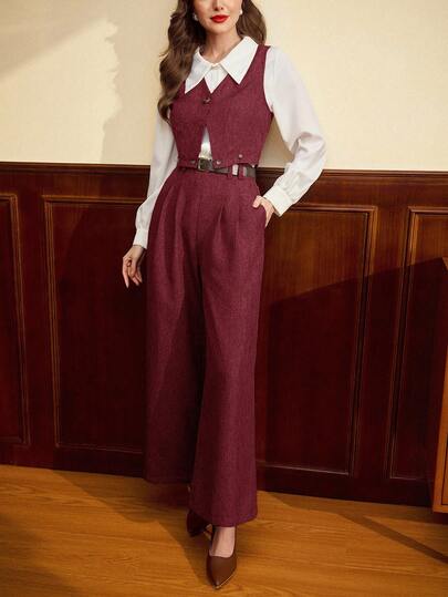 Vintamour Vintage Elegant Women's 2 Pieces Set V-Neck Sleeveless Vest With Buttons Belt Loop High-Waisted Wide Leg Pants Brown Casual Holiday Women Tops Winter Clothes For Women Two Pieces Set Women New Years Women Outfit Christmas Outfit Women Vest 2 Pieces Sets Ladies Business Casual Woman Blazer Christmas Outfit Matching Sets Women Crop Tops Women Office Wear Women Work Pants Dress Pants Women Valentine Day Valentines Valentine's Day