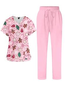 PopScrub Set Seragam Medis Wanita Atasan dan Celana Panjang Lengan Pendek Leher V dengan Motif Kartun Manusia Kue Jahe, Kado, Pohon Natal & Bintang Hati - MultiWarna - View 5
