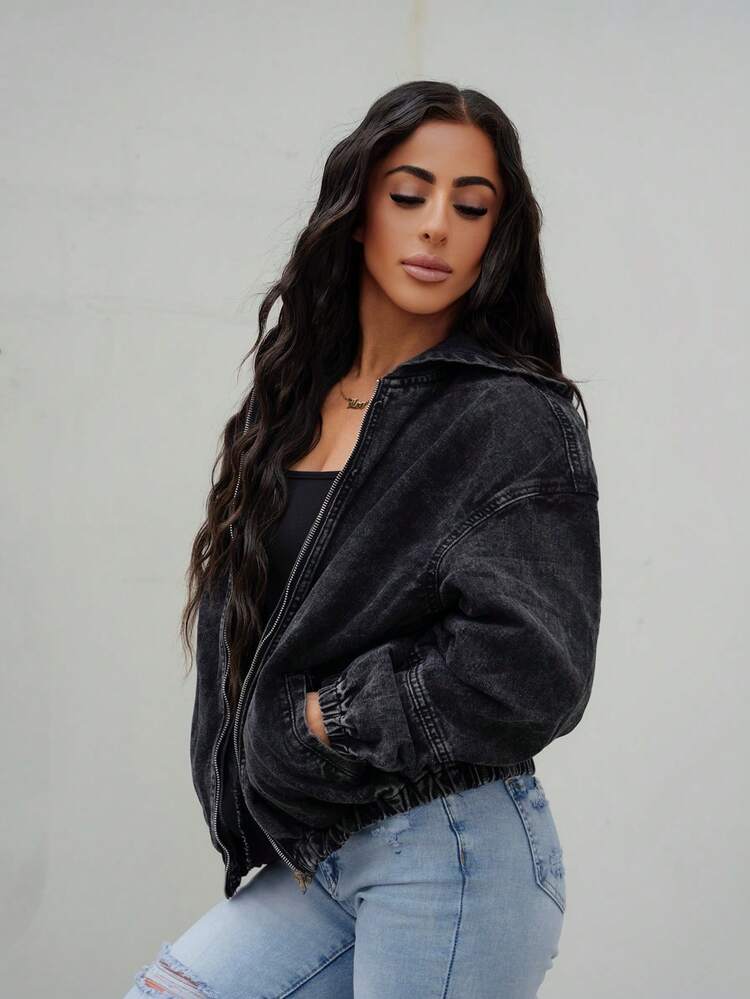 SAYEHFBABY Chaqueta vaquera minimalista con cremallera delantera y manga larga para mujer, uso casual diario - Negro - Añade 4
