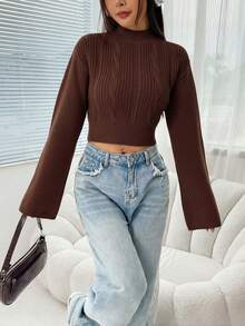 SHEIN EZwear 秋冬简约休闲咖啡棕色立领喇叭袖长袖短款毛衣 - 咖啡棕 - 查看 5