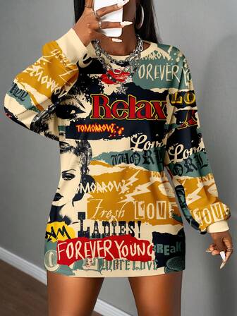 Slaydiva Vintage Street Poster Graphic Casual Loose Fit Crew Neck Long Sleeve Plus Size T-Shirt, Suitable For Spring & Autumn