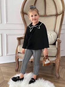 PrepCrw 1pc Young Girls Elegant School Style Urban White Trim Black Bow Collar Long Sleeve Fitted Shirt, Suitable For Outings, Gatherings, Back To School, Autumn/Winter Fall,Holiday - Black - View 1