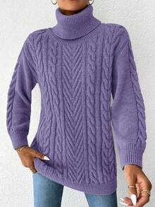 EURMUSE Turtleneck Cable Knit Drop Shoulder Sweater - Purple - View 3
