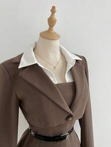 Elamini 女士套装，时尚职业风短款外套和迷你连衣裙套装，休闲收腰修身小众两件套 - 摩卡棕 - 查看 3