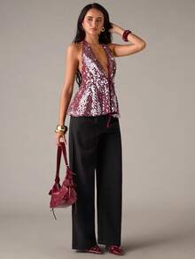 SHEIN BAE Sexy Backless Sequin Halter Neck Top, Suitable For Nightclub, Party, Date Night, Elegant Women's Autumn/Winter Tops, Y2K Sparkling Christmas Party Women Top, Holiday Party Top, Thanksgiving/Sexy, Club - Burgundy - View 6