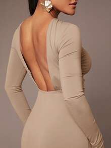 Silquee 女式基本款吊带裙，性感露背，腰部褶饰，亲肤，长袖，及地长裙 - 卡其色 - 查看 6